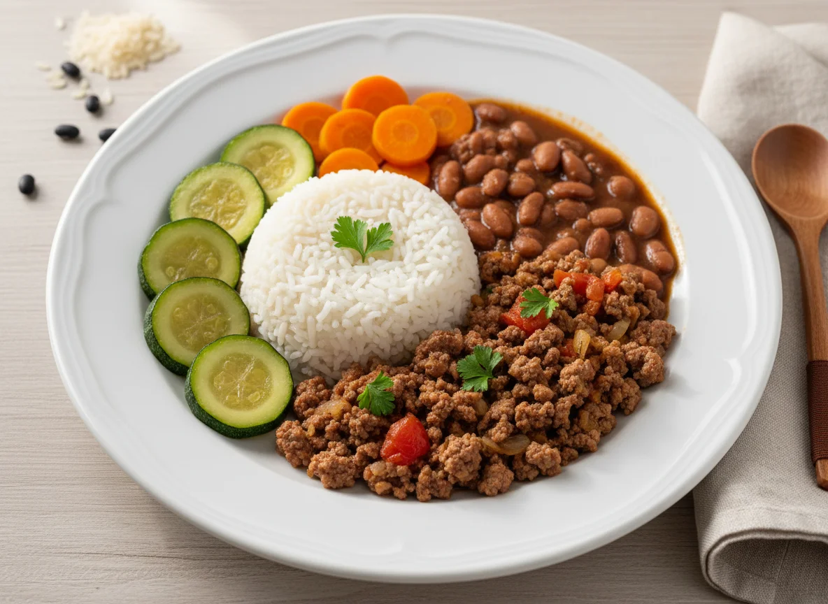 Carne moída com arroz e legumes photo