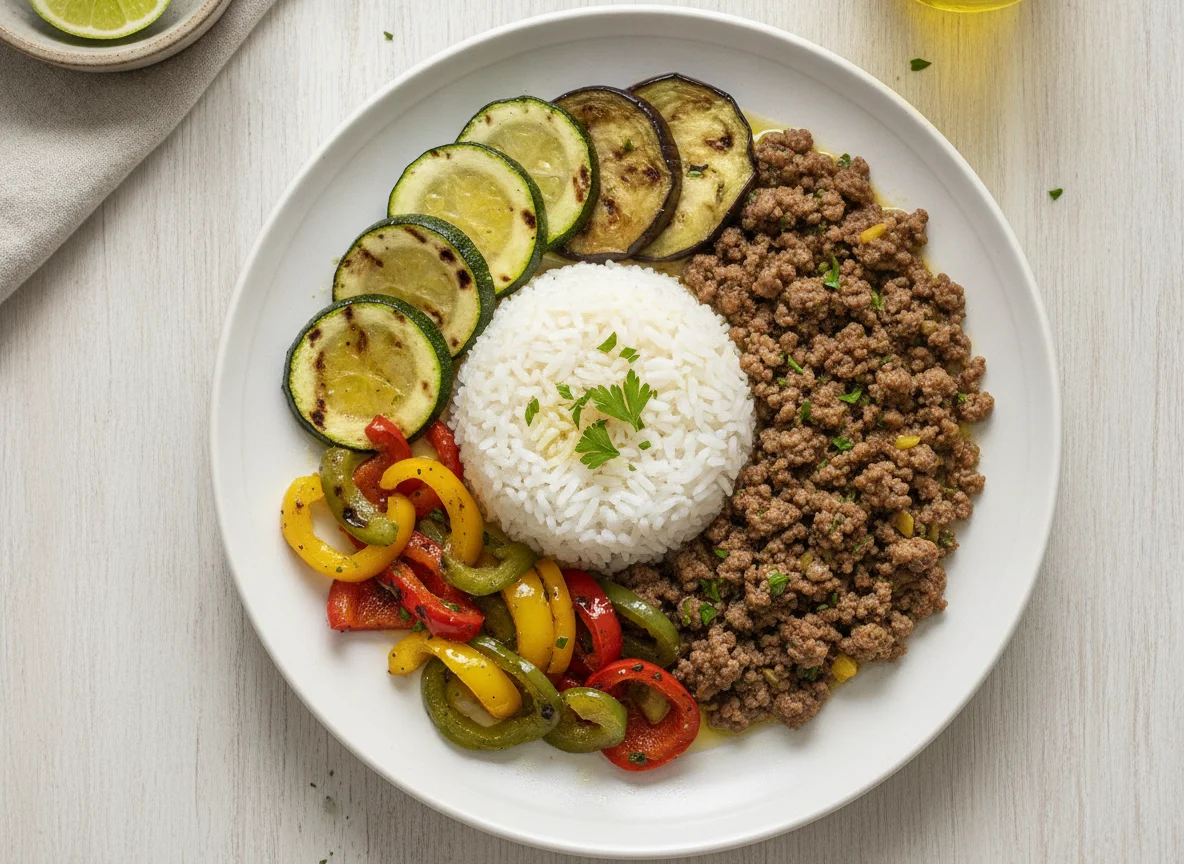 Carne moída com arroz e legumes grelhados photo