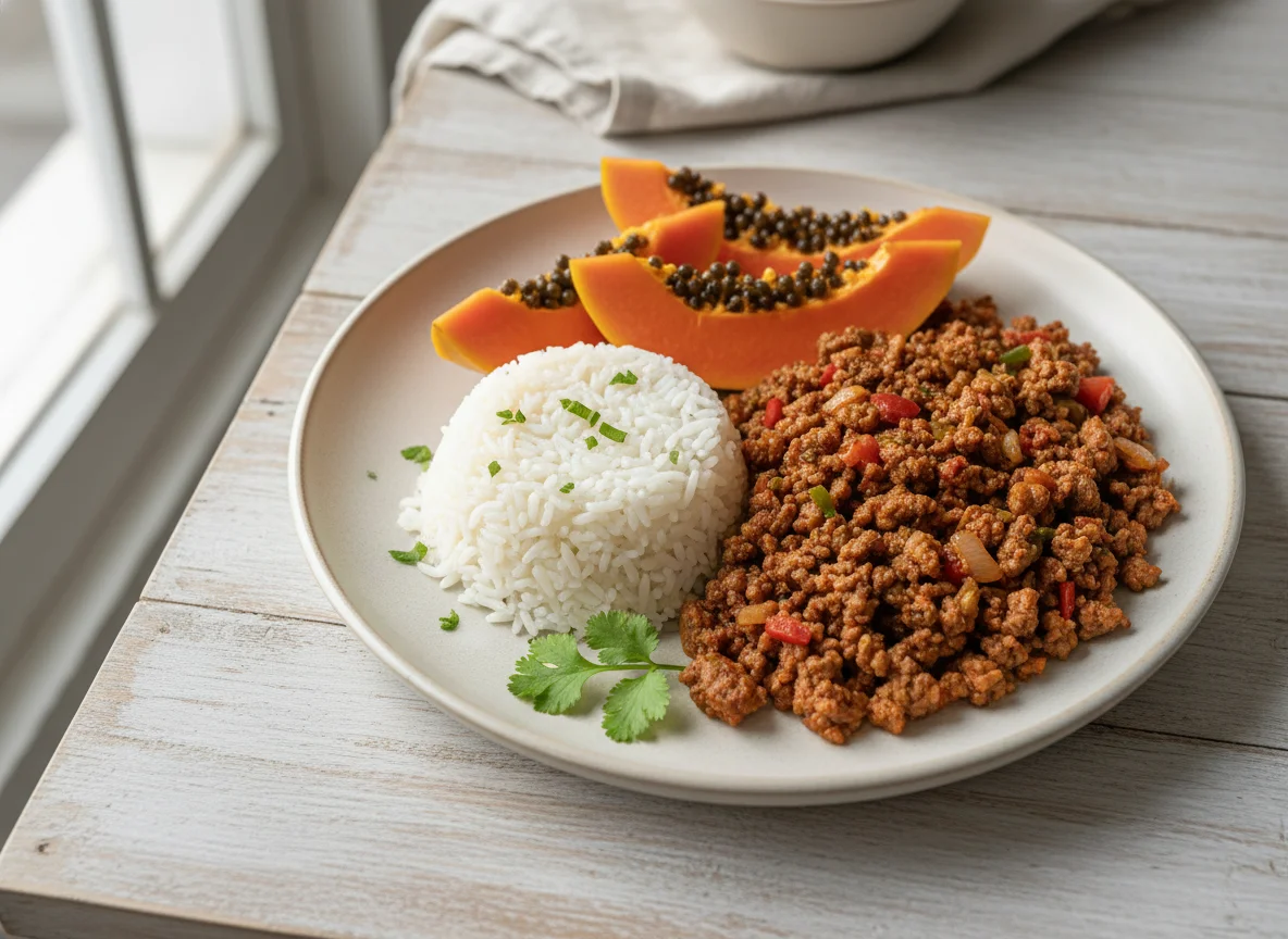 Carne moída com arroz e mamão photo