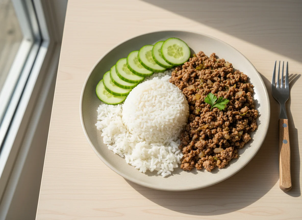 Carne moída com arroz e pepino photo