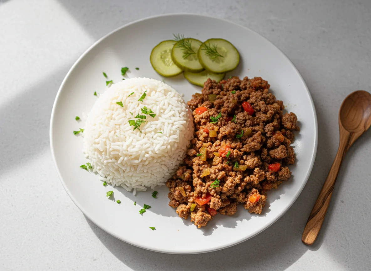 Carne moída com arroz e picles photo