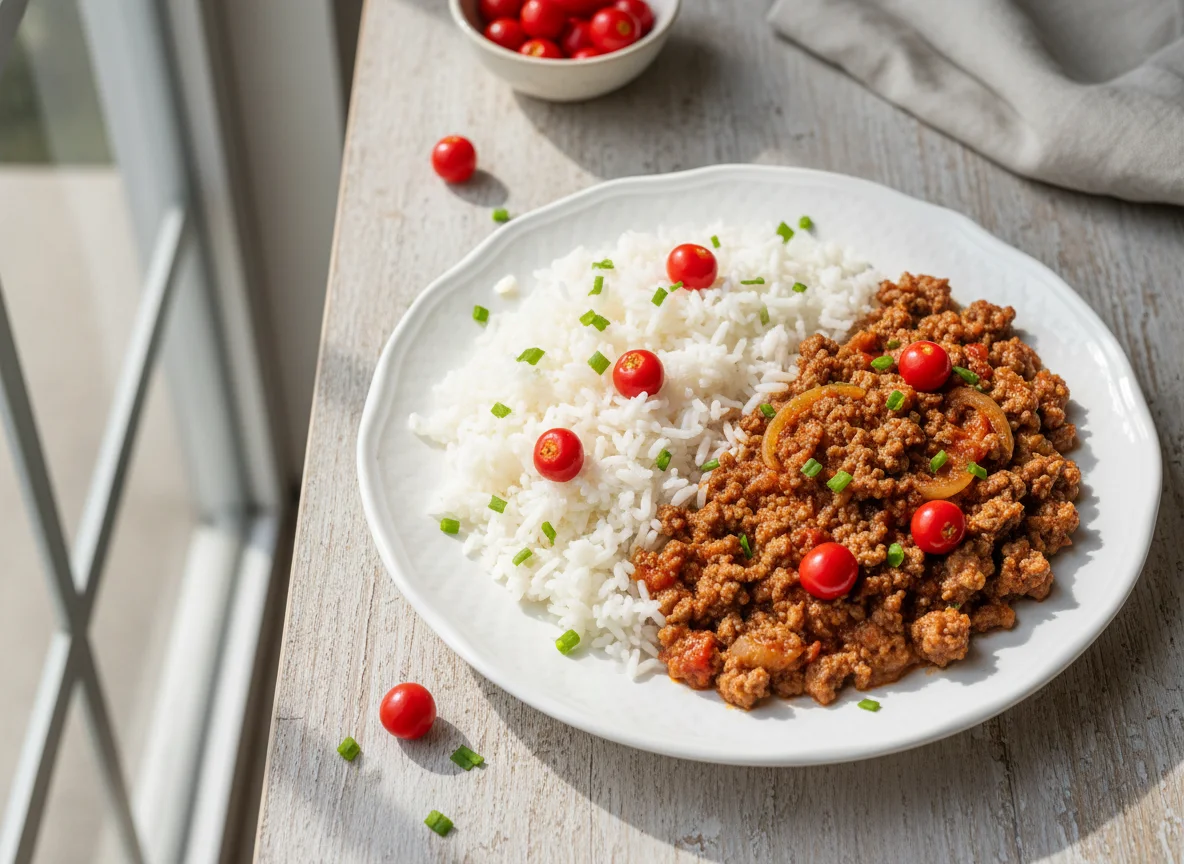 Carne moída com arroz e pimenta biquinho photo