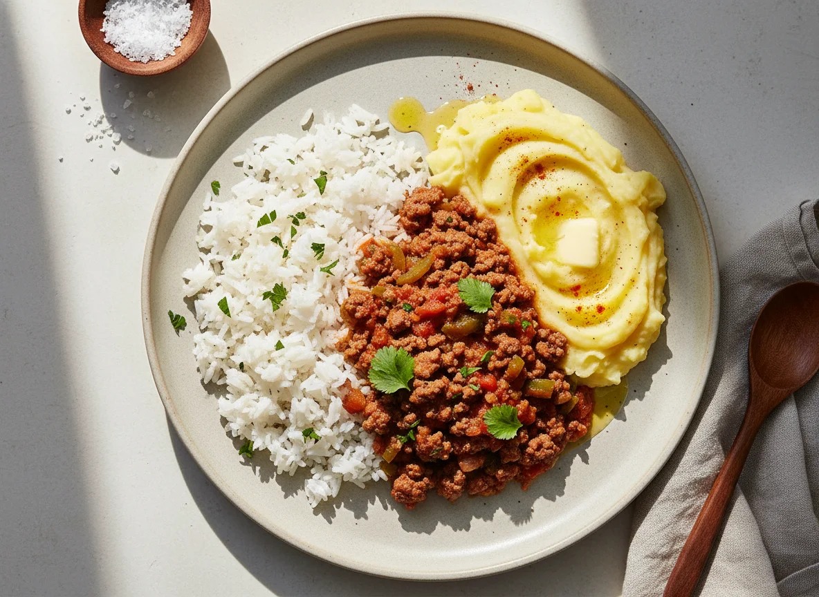 Carne moída com arroz e purê de batata photo
