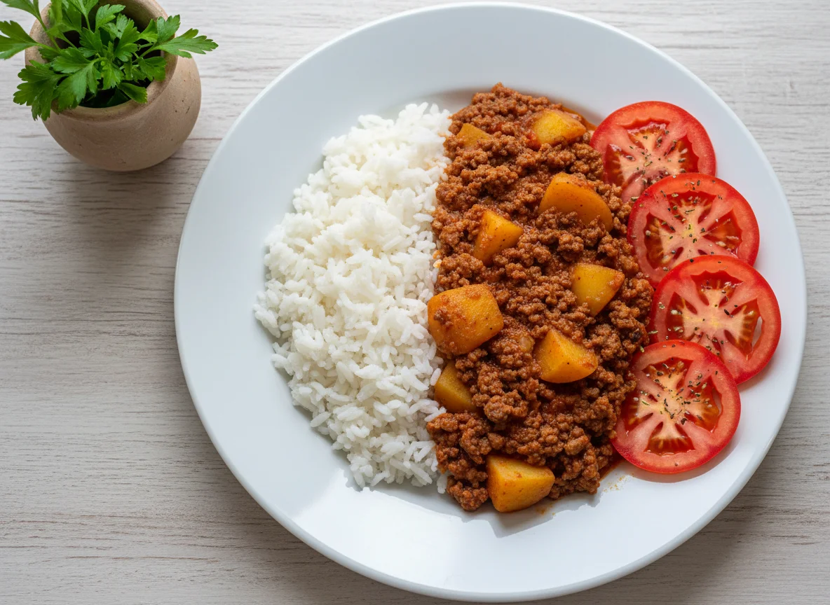 Carne moída com arroz e salada de tomate photo