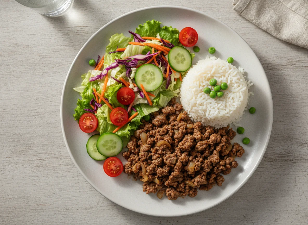 Carne moída com arroz e salada photo