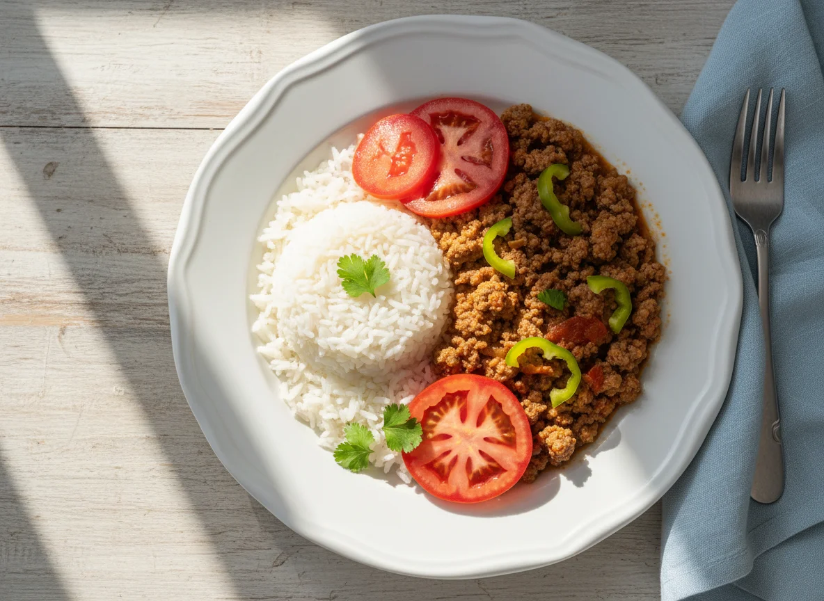 Carne moída com arroz e tomate photo