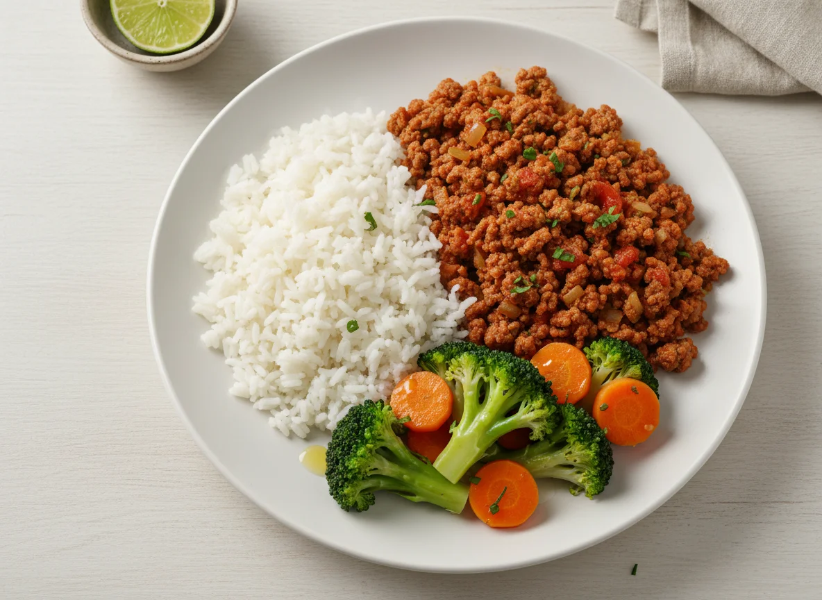 Carne moída com arroz e vegetais photo