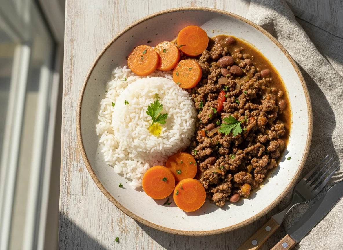 Carne moída com arroz, feijão e cenoura photo