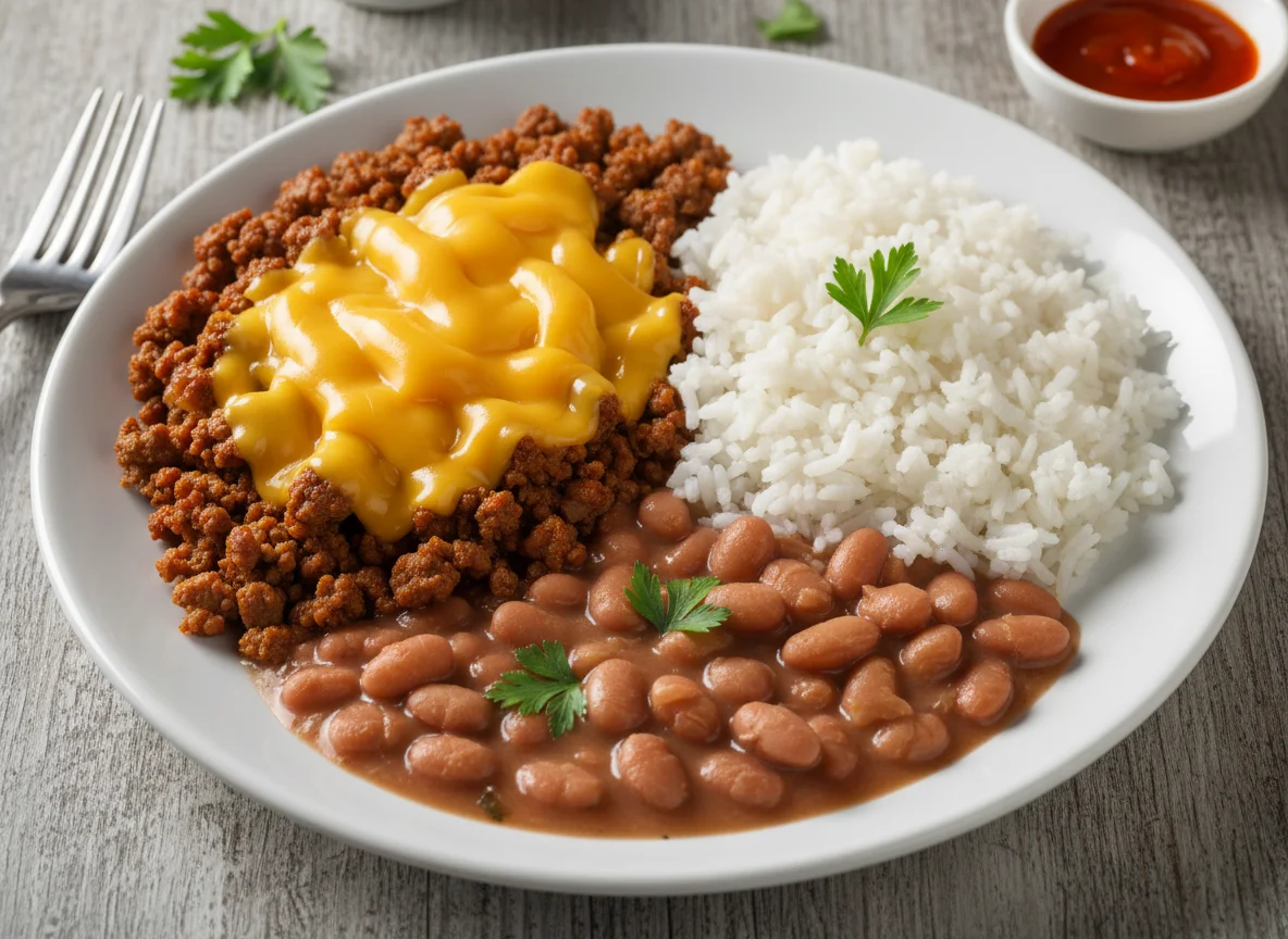 Carne moída com arroz, feijão e queijo photo