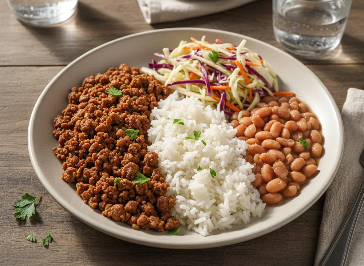 Carne moída com arroz, feijão e salada de repolho photo