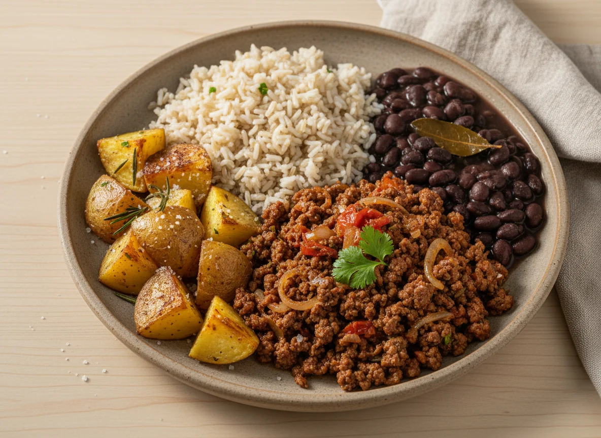 Carne Moída com Arroz Integral, Feijão e Batata Rústica photo