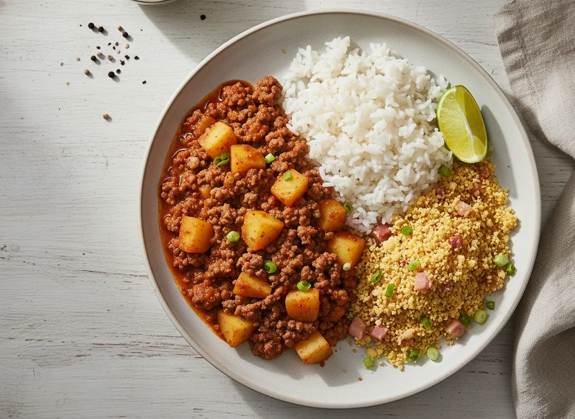 Carne moída com batata, arroz e farofa photo