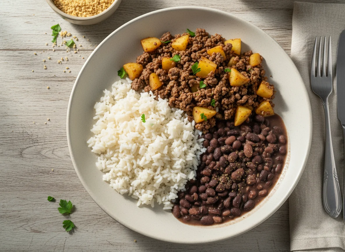 Carne moída com batata, arroz e feijão photo