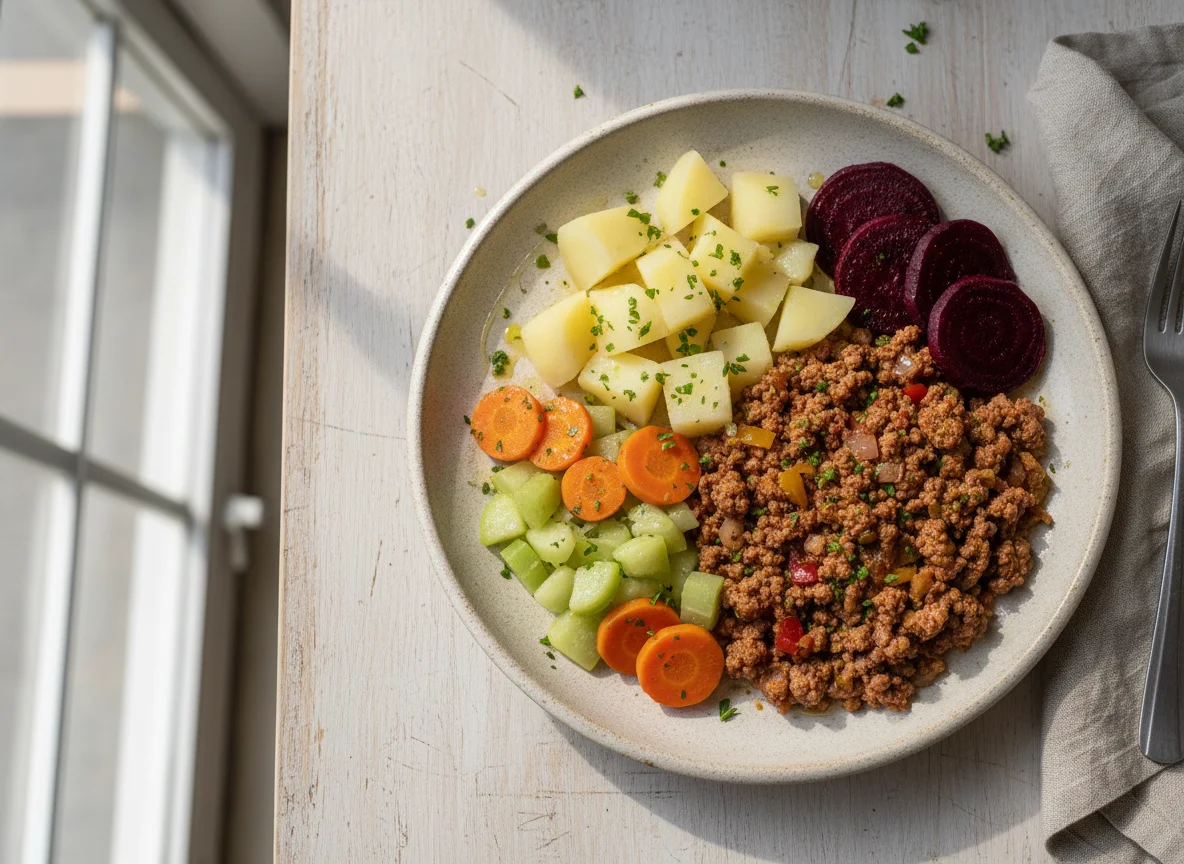 Carne moída com batata, beterraba e legumes photo
