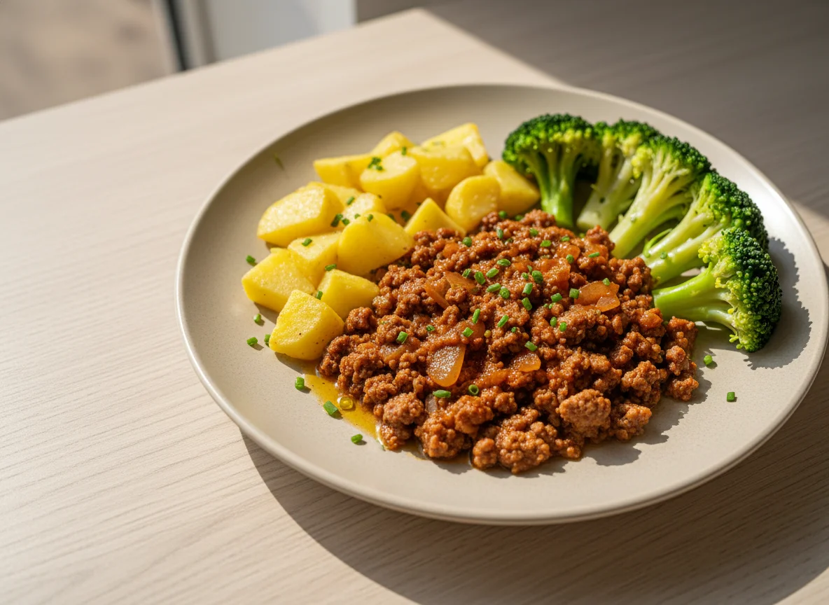 Carne moída com batata, brócolis e alface photo