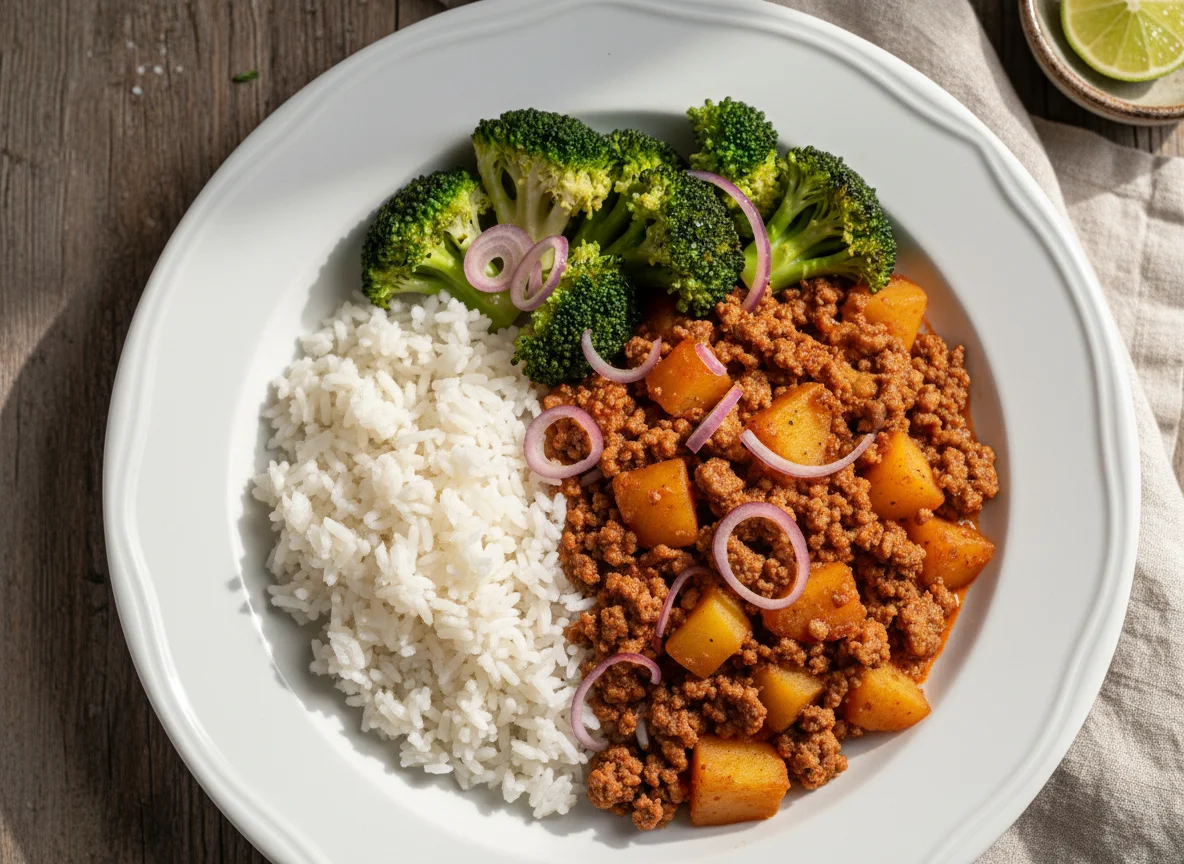 Carne moída com batata, brócolis e arroz photo