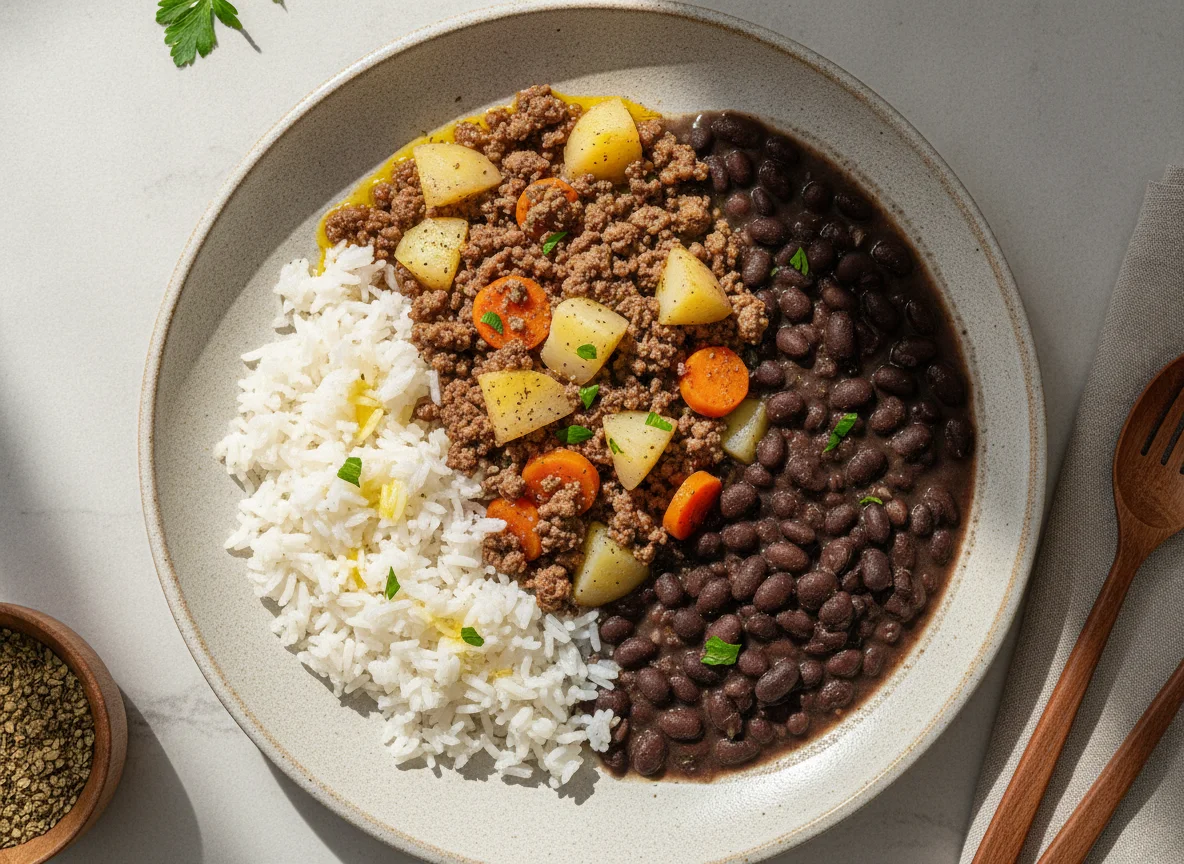 Carne moída com batata, cenoura, feijão preto e arroz photo