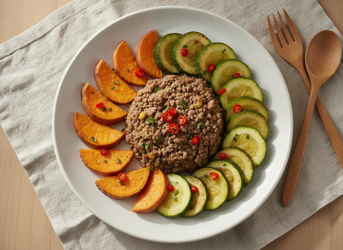 Carne moída com batata doce e abobrinha photo