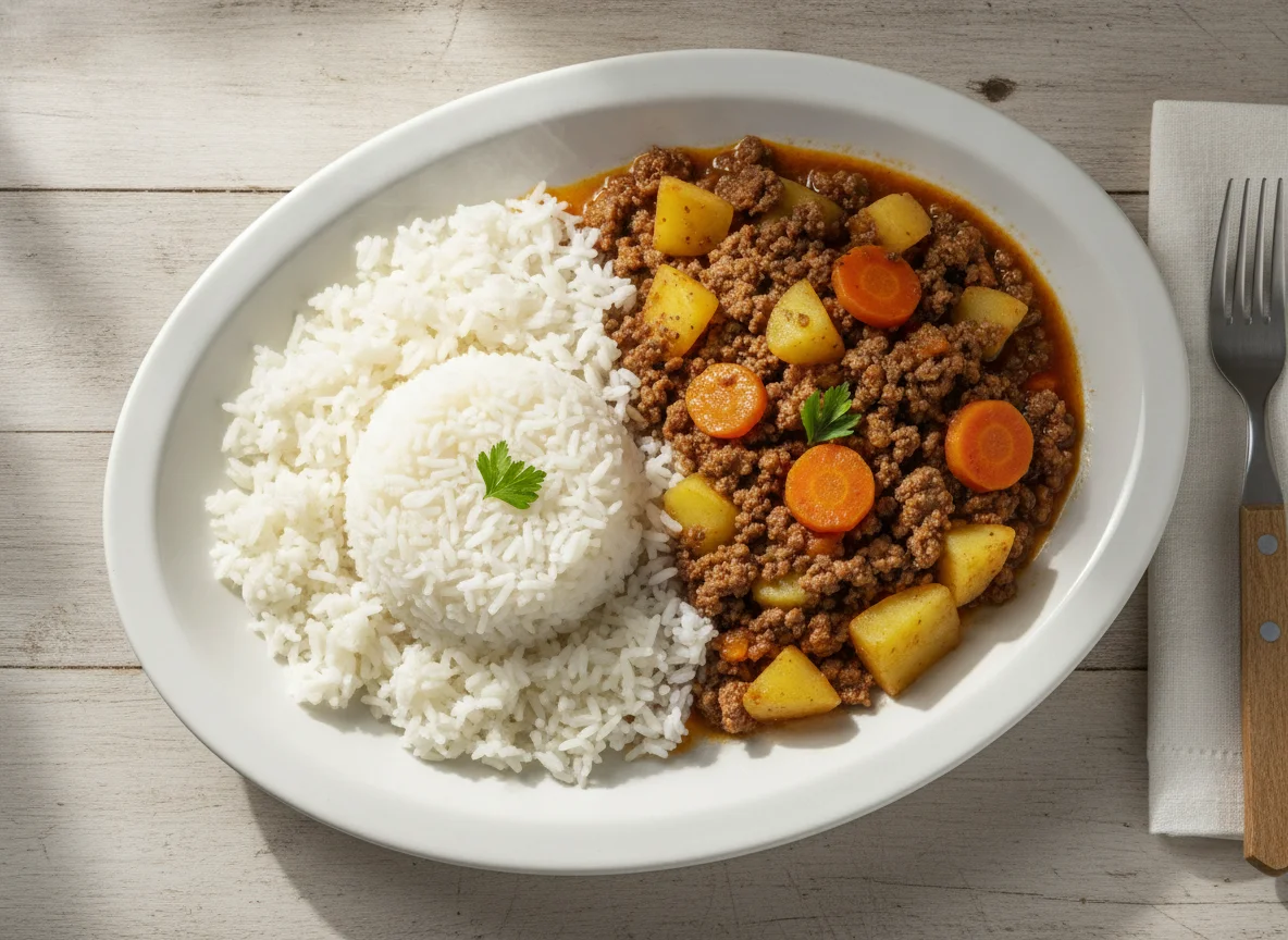 Carne moída com batata e arroz branco photo