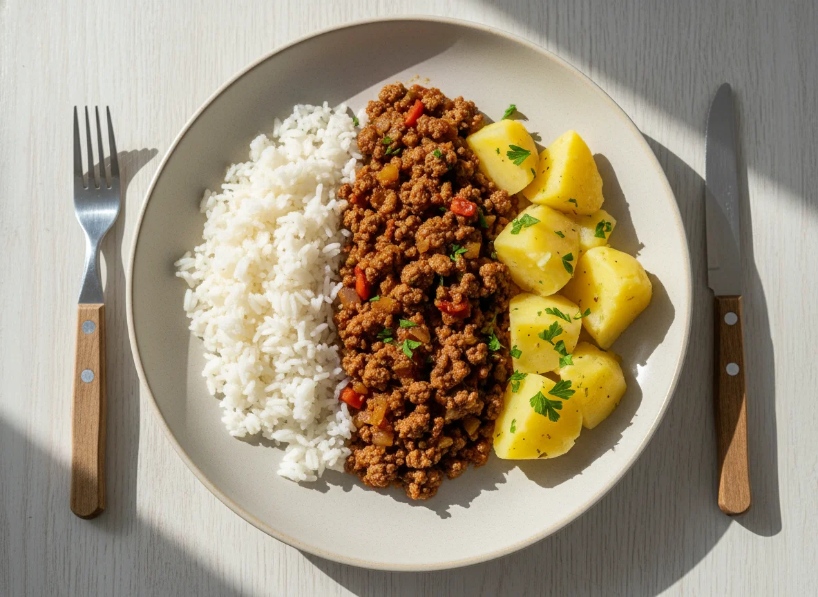 Carne moída com batata e arroz photo