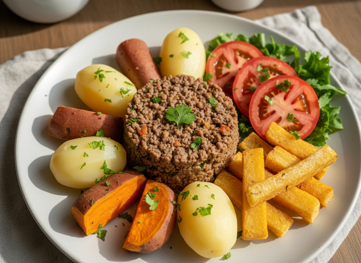 Carne moída com batata e salada photo