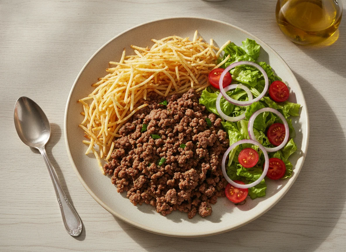Carne moída com batata palha e salada photo