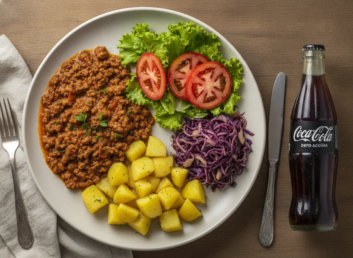 Carne moída com batata, repolho e salada photo