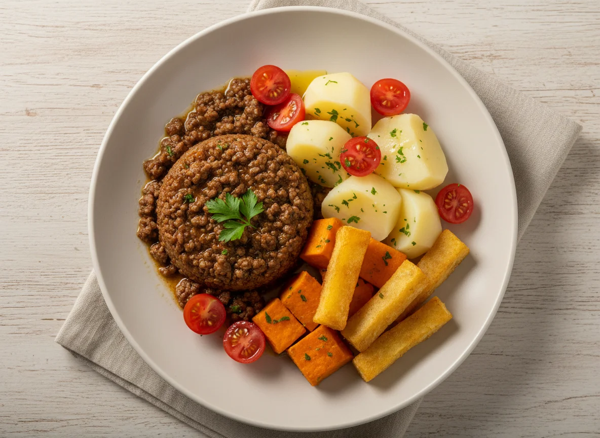 Carne moída com batatas e acompanhamentos photo