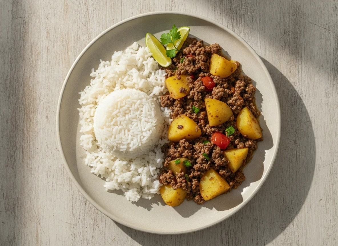 Carne moída com batatas e arroz photo