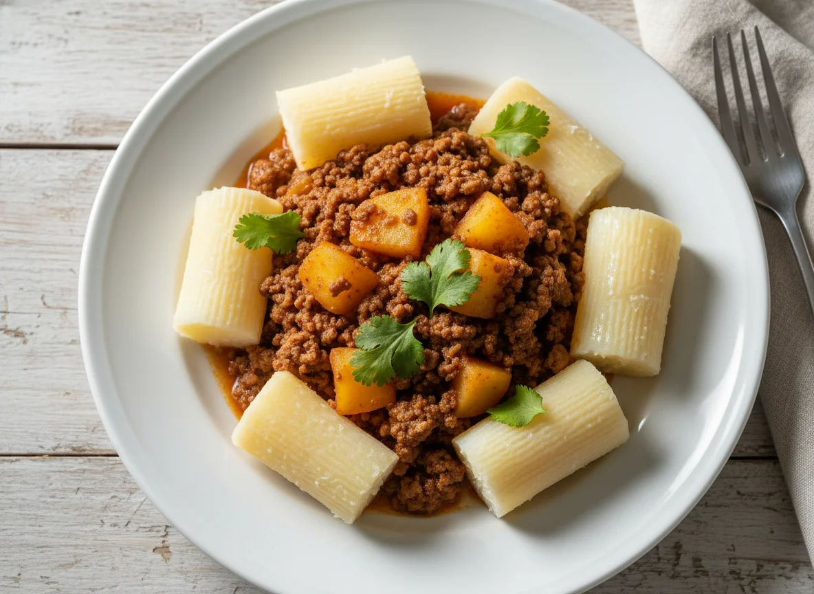 Carne moída com batatas e mandioca cozida photo