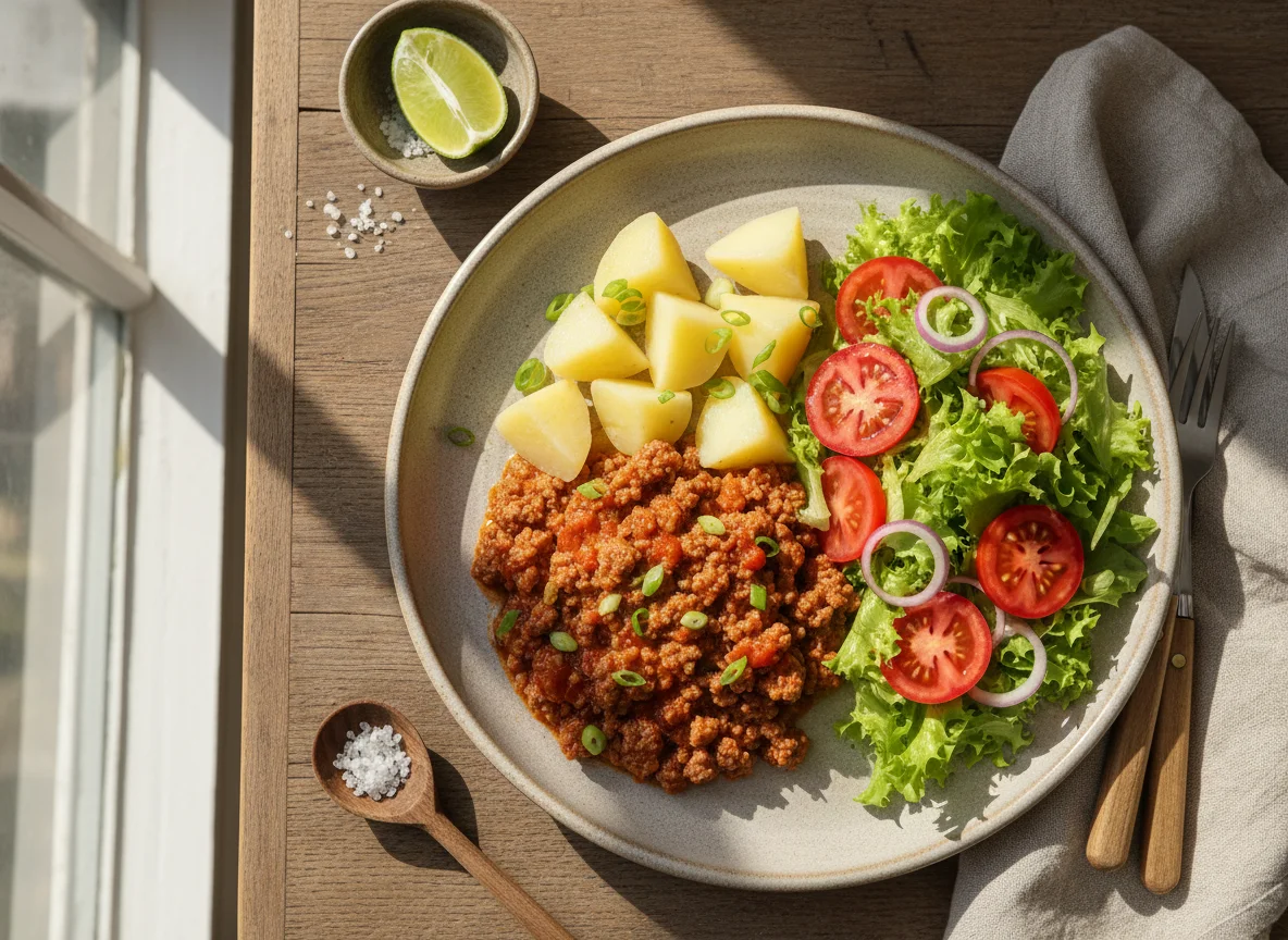 Carne moída com batatas e salada photo