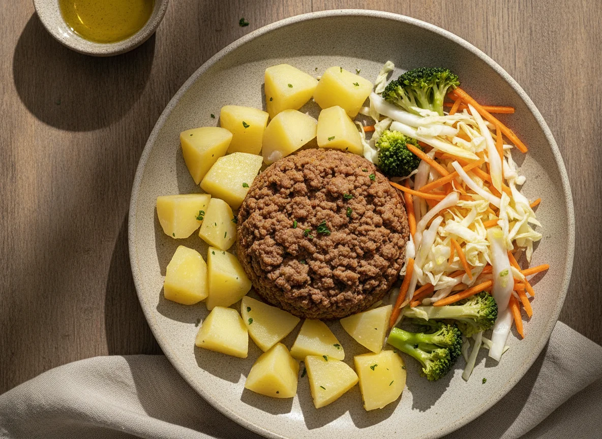 Carne moída com batatas e salada de legumes photo