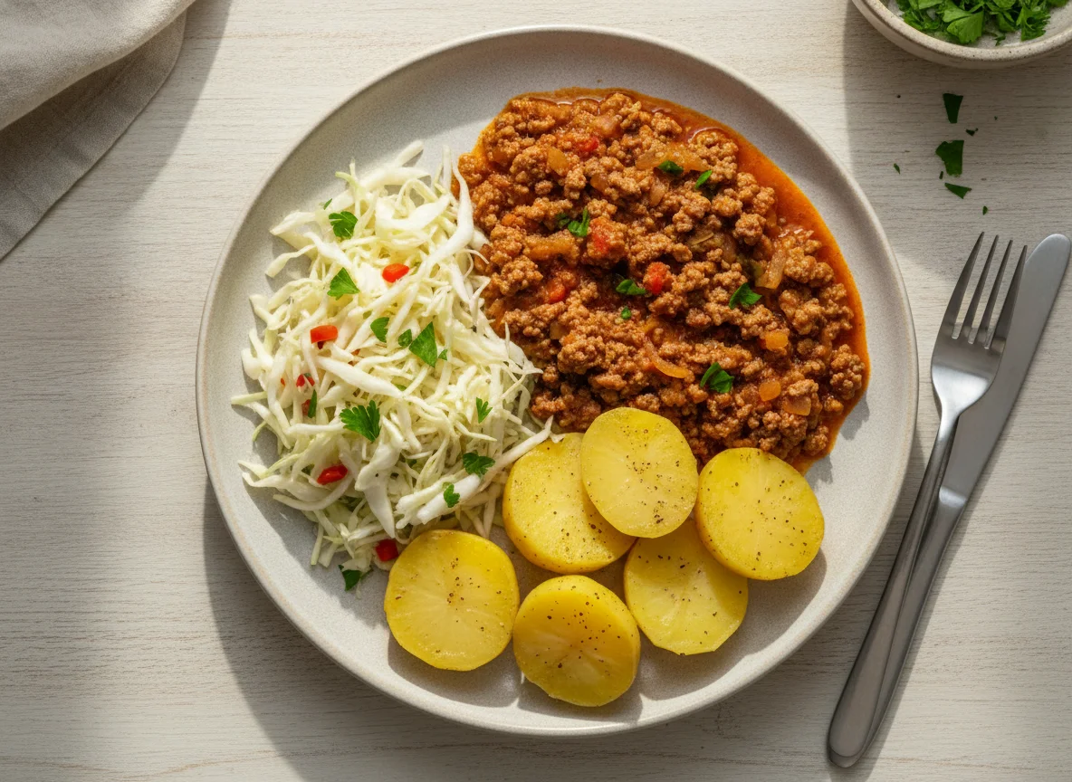 Carne moída com batatas e salada de repolho photo