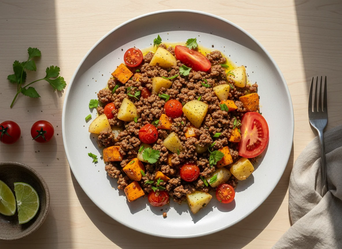 Carne moída com batatas e tomate photo