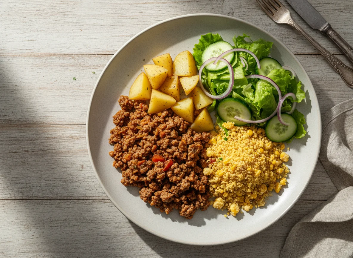Carne moída com batatas, farofa e salada photo