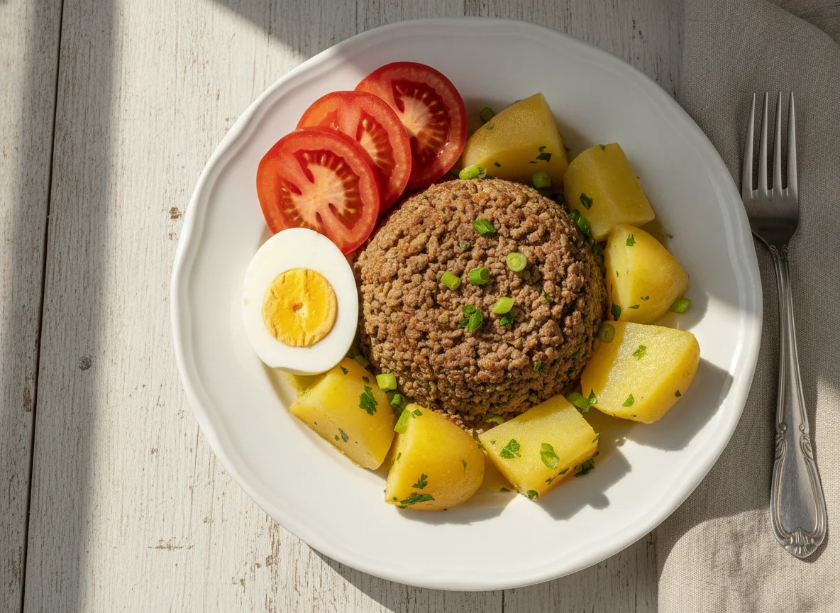 Carne moída com batatas, ovo cozido e tomate photo