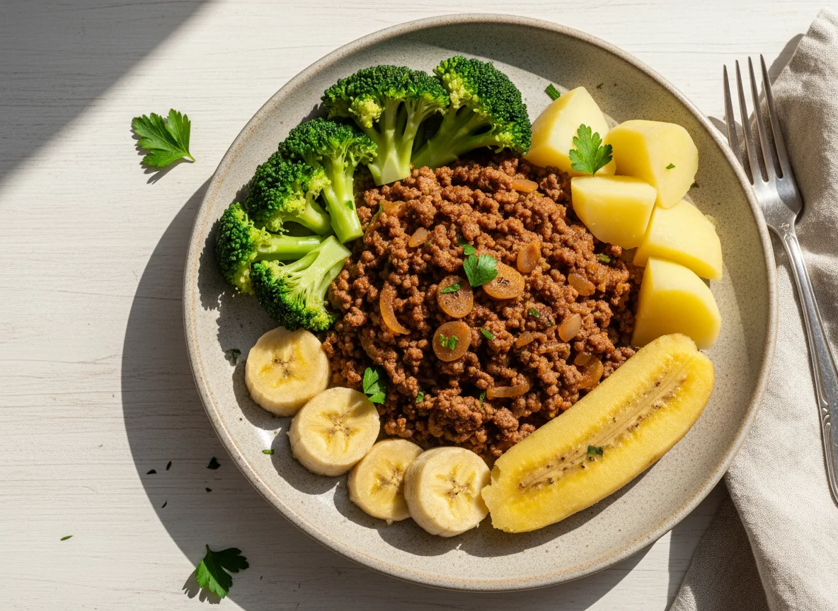 Carne moída com brócolis, batata e banana cozida photo