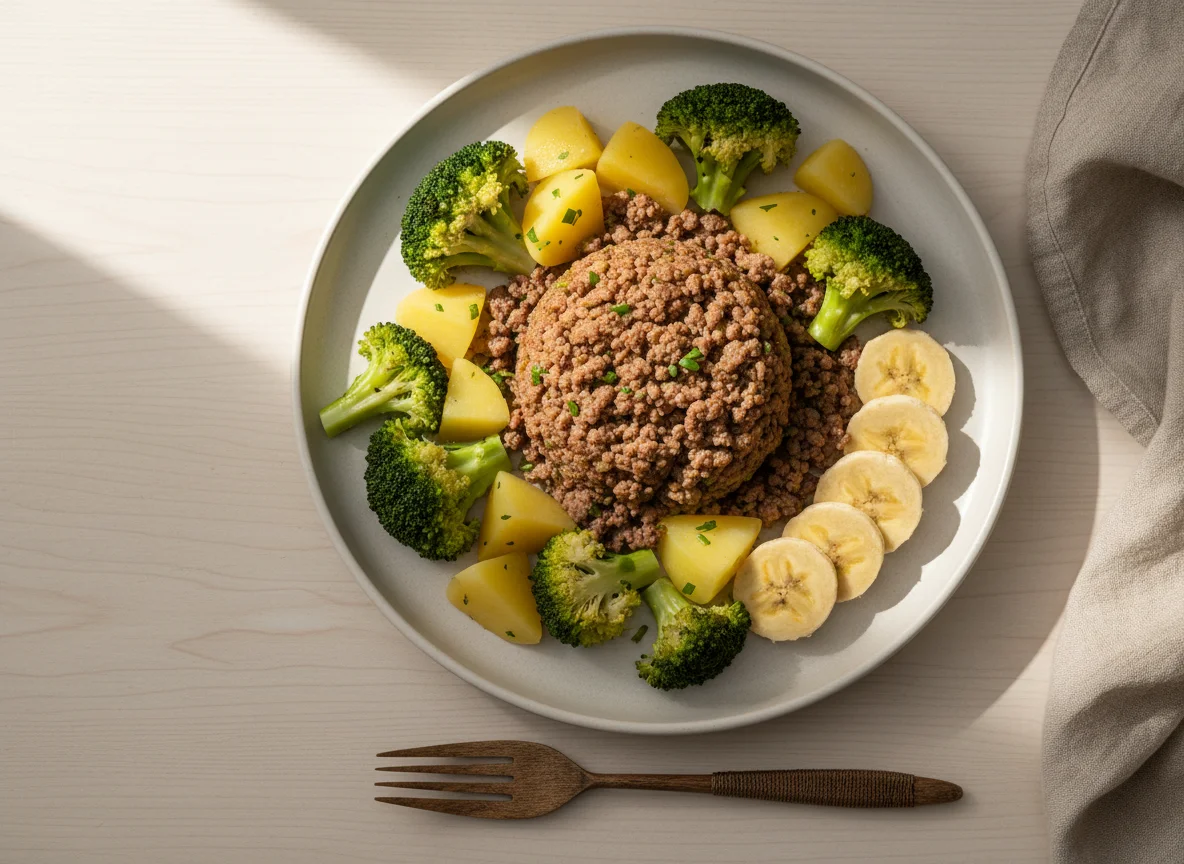 Carne moída com brócolis, batata e banana-da-terra crua photo