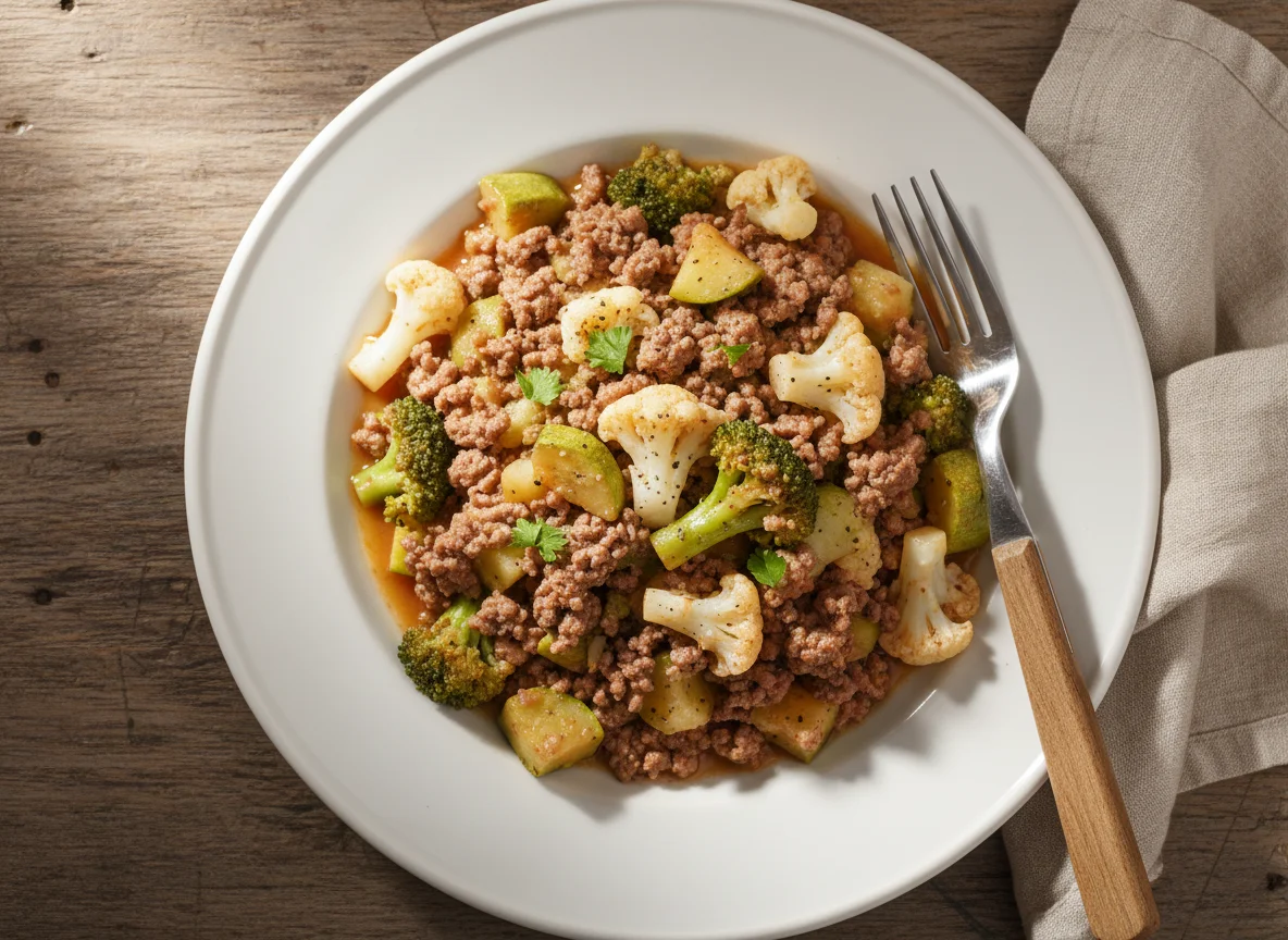 Carne moída com brócolis, couve-flor e abobrinha photo