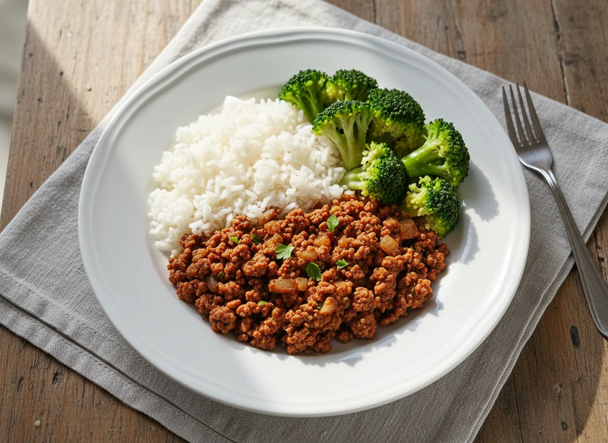 Carne moída com brócolis e arroz photo