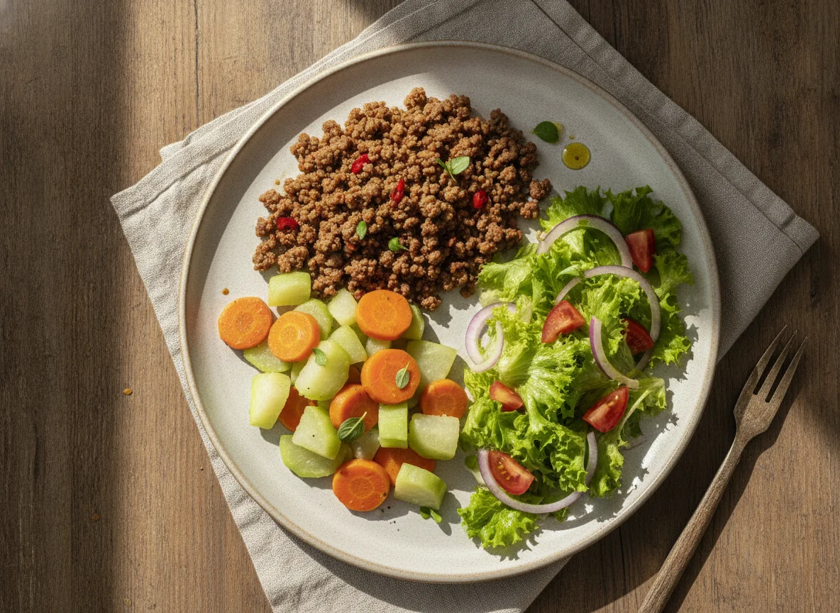Carne moída com chuchu, cenoura e salada photo