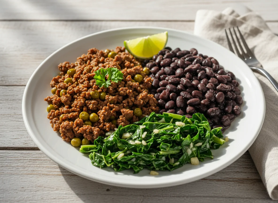 Carne moída com ervilhas e feijão com couve photo