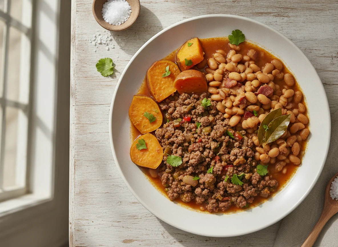 Carne moída com feijão e batata doce photo