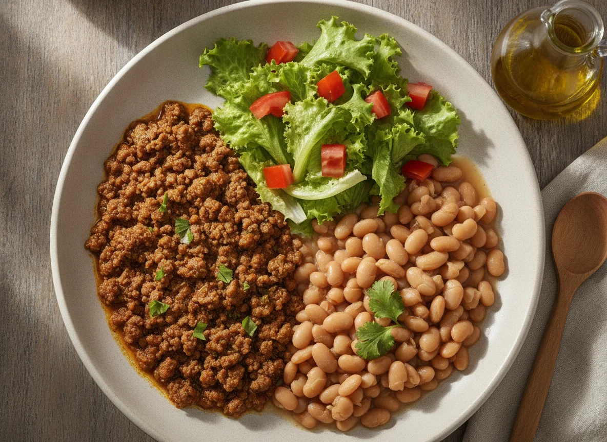 Carne moída com feijão e salada photo