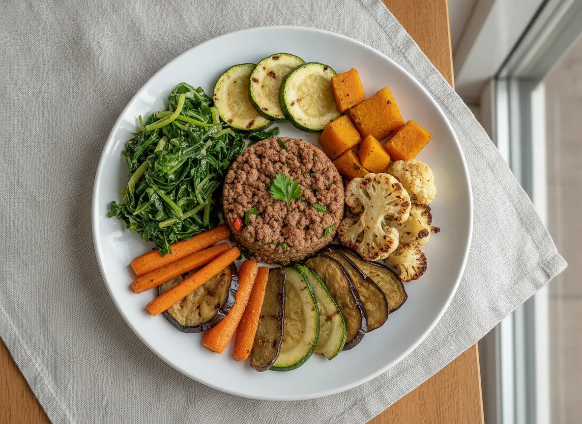 Carne moída com legumes assados e couve photo