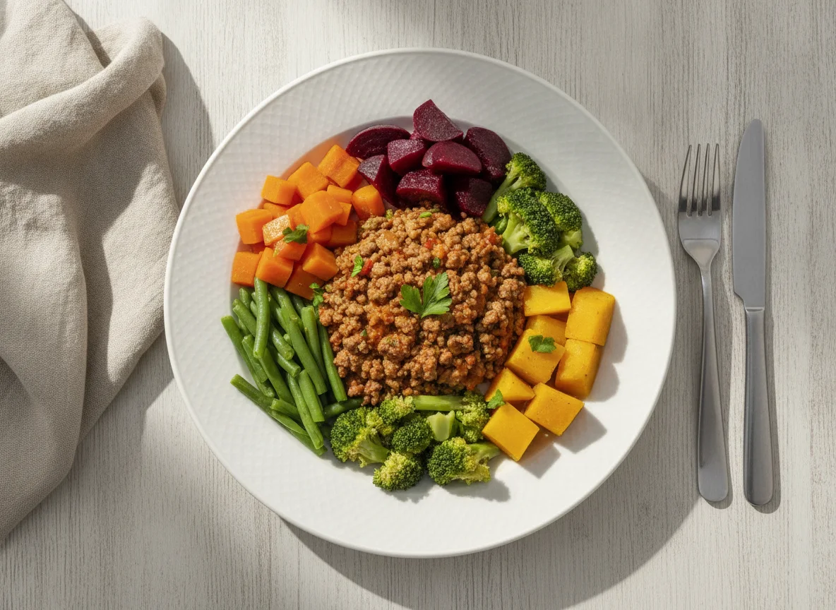 Carne moída com legumes cozidos photo