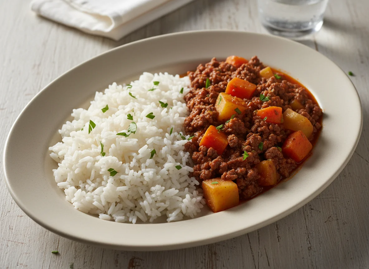 Carne moída com legumes e arroz branco photo