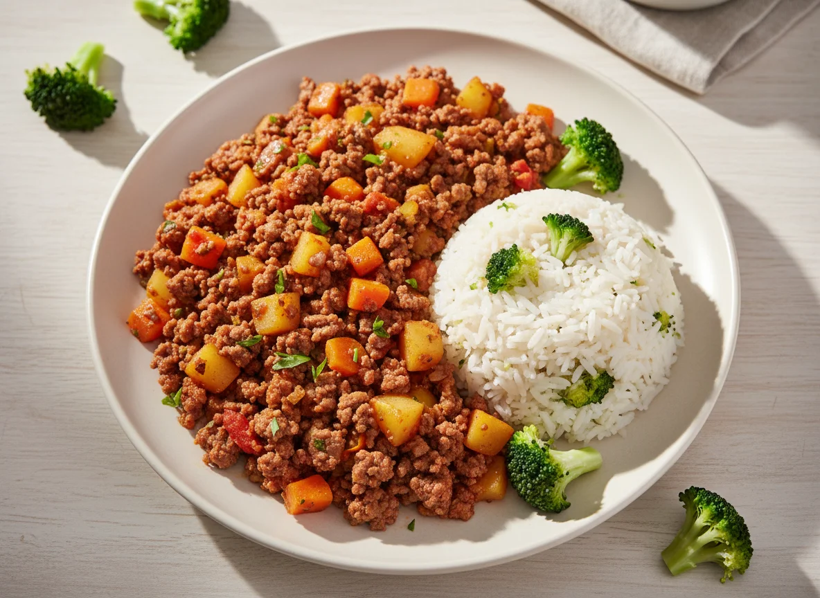 Carne moída com legumes e arroz com brócolis photo