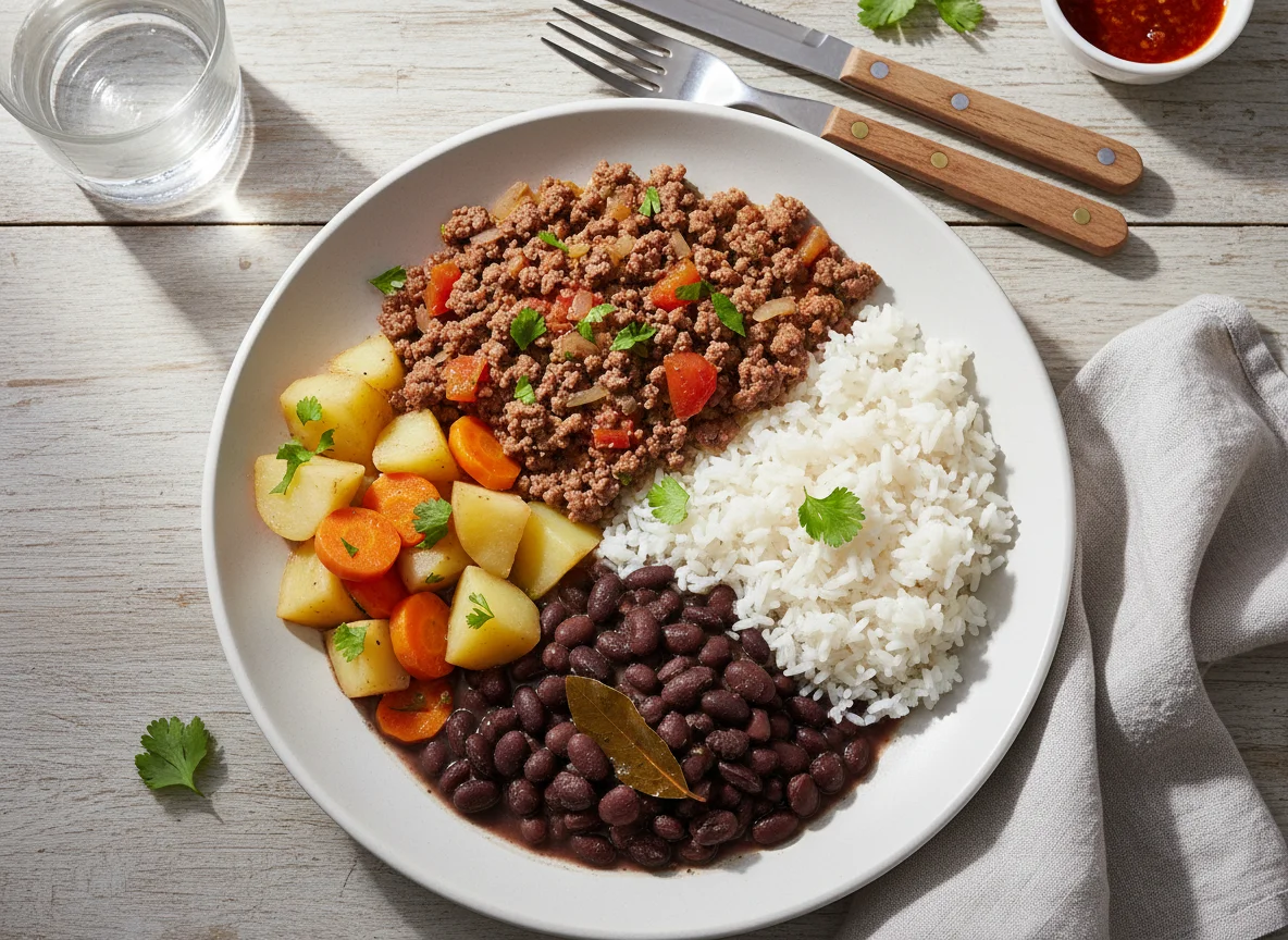 Carne moída com legumes e arroz photo
