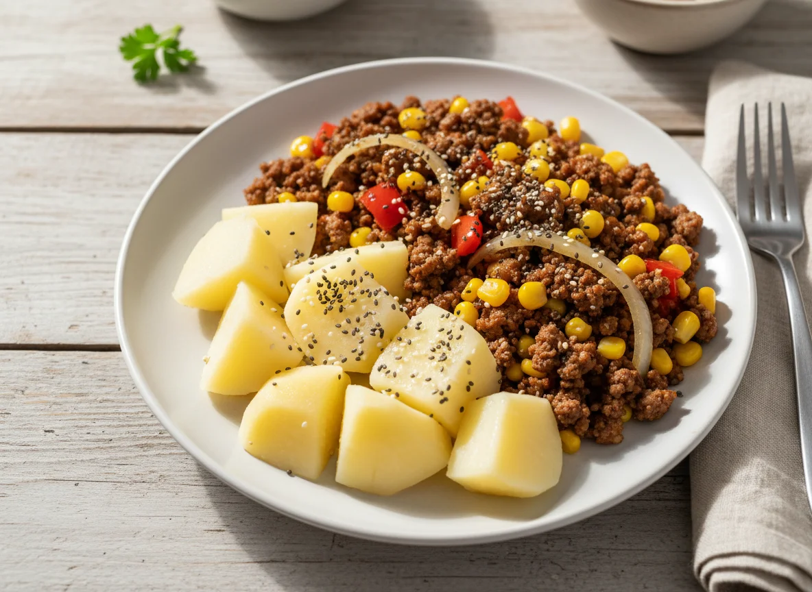 Carne moída com legumes e batata cozida photo